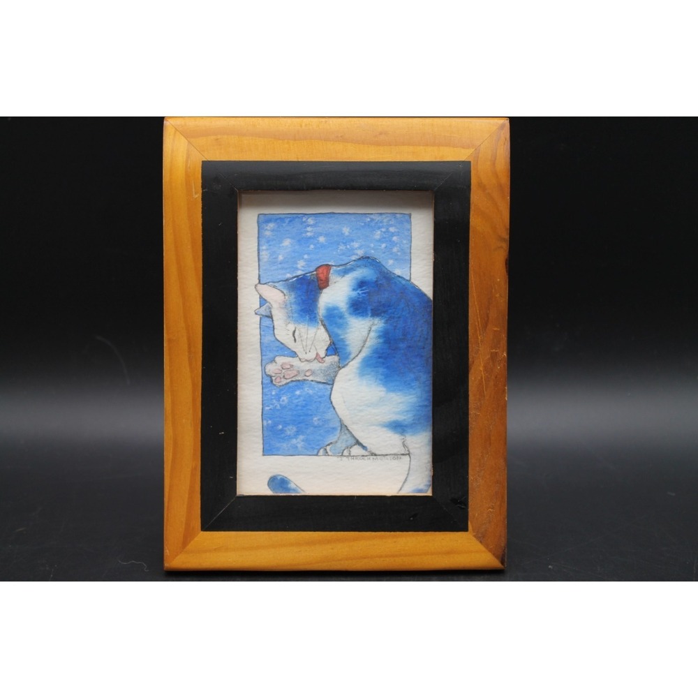 Signed J Throckmorton Watercolor Cat Painting Framed Original Art 6.5x8 Blue